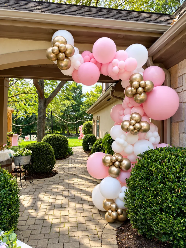 Pink, white and metallic gold balloon garland framing a covered outdoor walkway