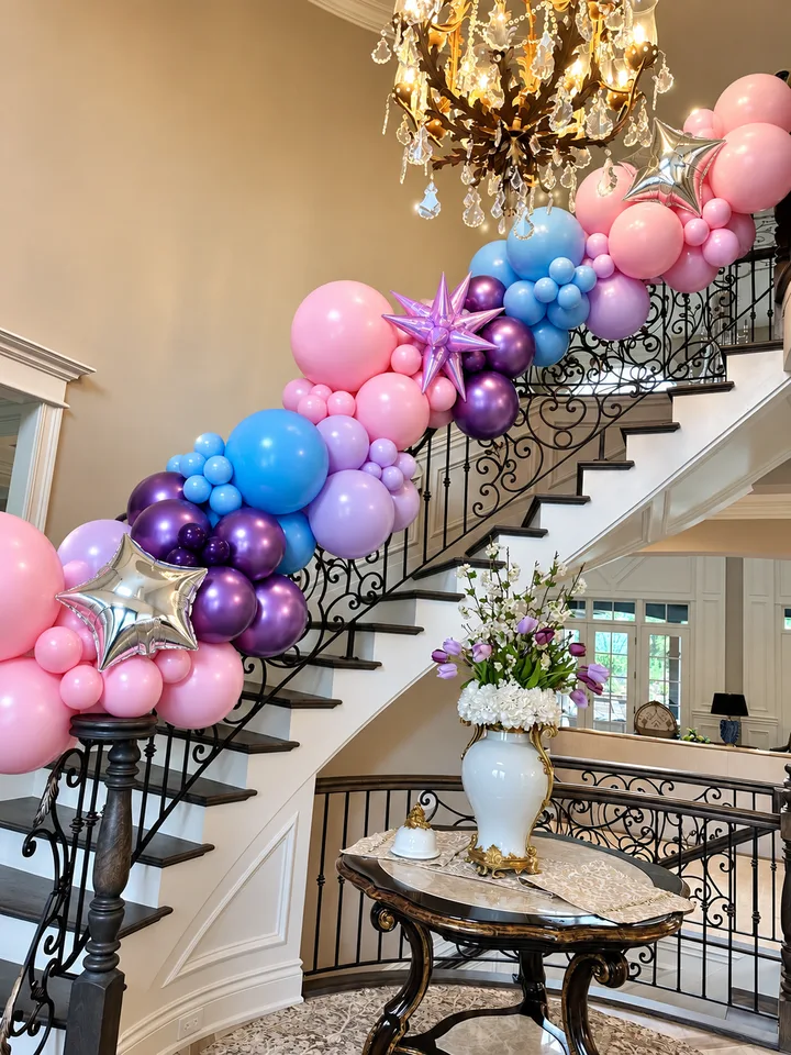 Pink, purple and blue balloon garland along an indoor staircase