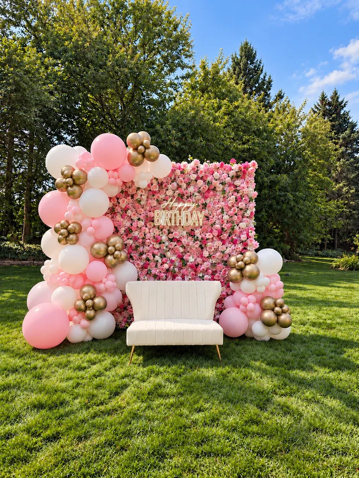 Pink floral backdrop with pink, white and gold balloons and a white loveseat outdoors